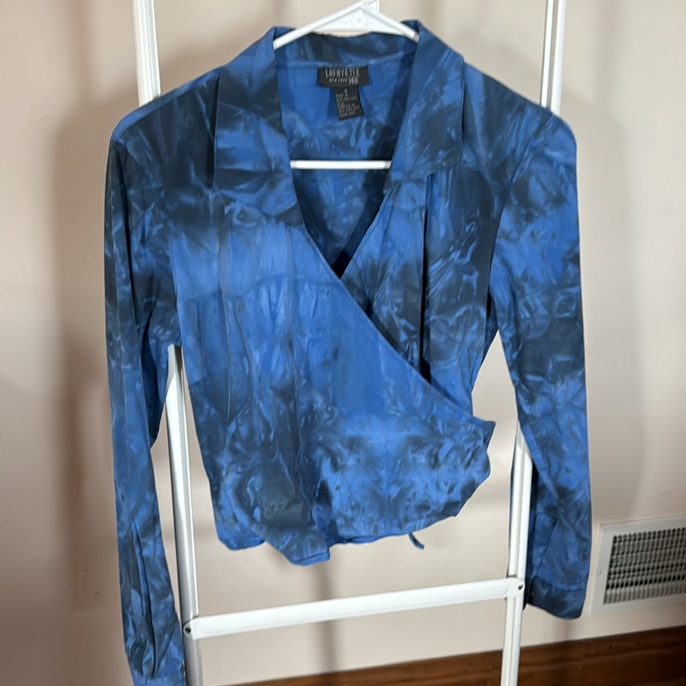 Lafayette 148 wrap blouse -  blue ice dyed style - size 4